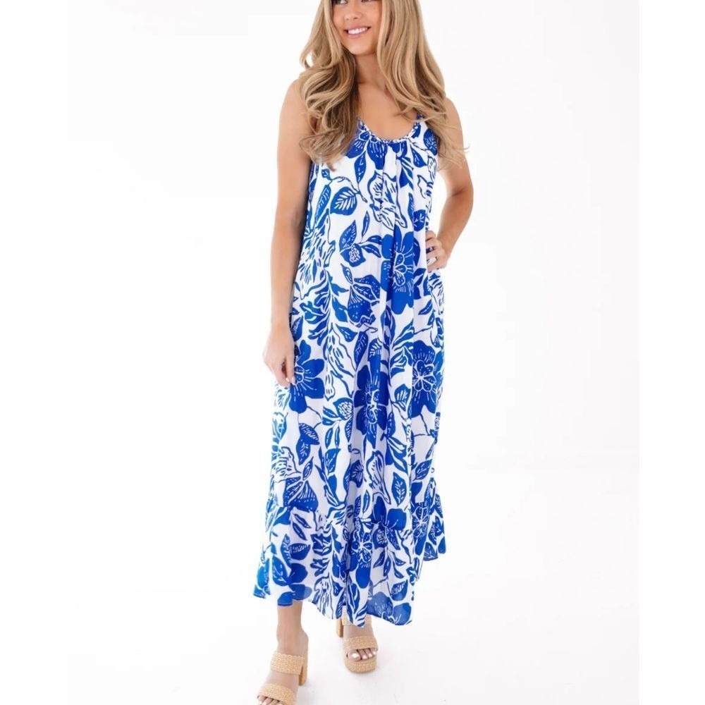 J. Marie The Laken Braid Strap Midi Dress Blue White Print Size Large New